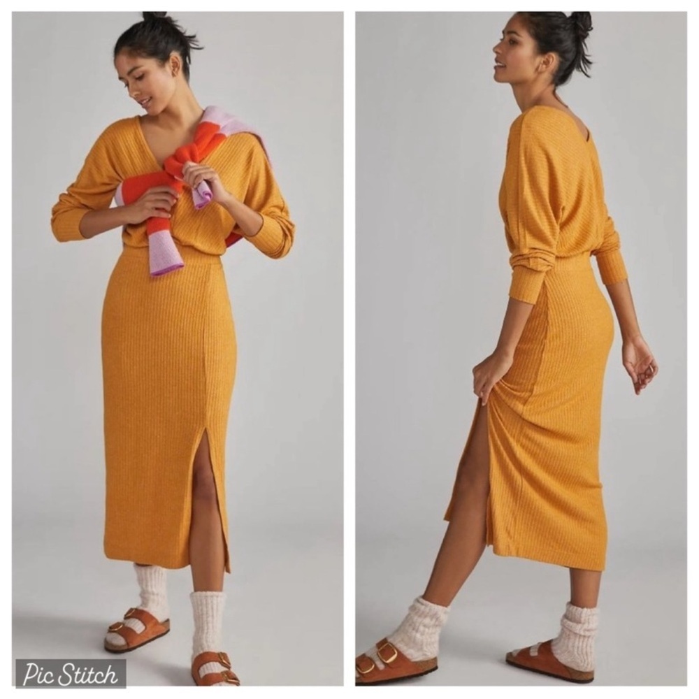 NWOT Anthropologie Daily Practice Barre Midi Dress Ribbed Knit Medium V-Neck
